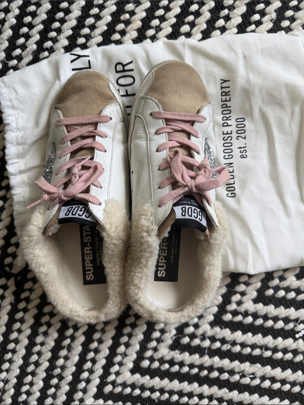 Golden Goose Super-Star White & Beige Sneakers with Pink Laces